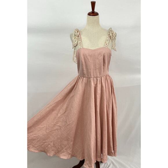 BEDRA Vintage Sz S Small Pale Pink Linen Tie Shoulder Midi Juliet Dress NWT - Picture 8 of 13